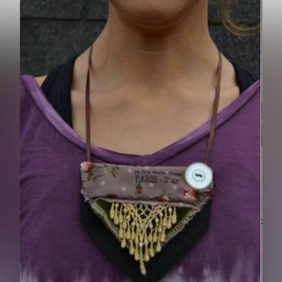 Handmade Paris roses & gold lace fringe tied fabric necklace love Valentine’s - Picture 3 of 5